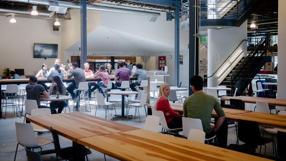 Everyone gathers together for lunch, which is catered daily by local restaurants and chefs.