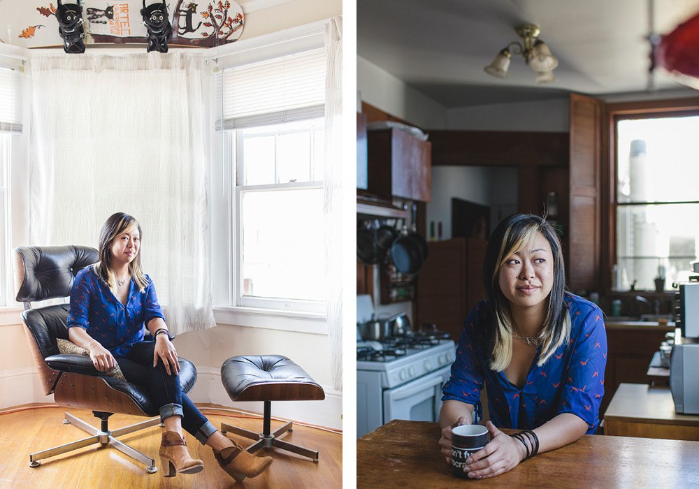 Jenny makes a cup of coffee at her apartment before heading to work. On the left is her beloved vintage plycraft chair and ottoman, passed down to her from a friend/former professor. “It’s shabby, beat up and covered in oil paint. I love sitting in it when I work from home or on the weekend with a good book. It reminds me of that professor who was a little bit kooky, very much a fine artist at heart, and pushed all of us students outside of our structured graphic design mentalities.”