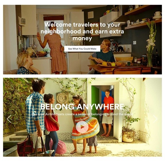 Airbnb: warm, open, people in beautiful spaces