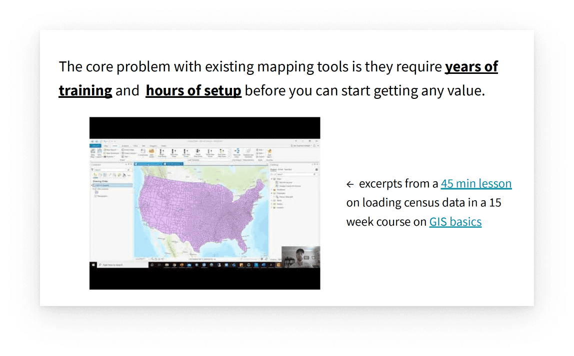 WIDE Felt's pitch deck slide makes the problem with mapping more tangible by inviting the audience to experience how complicated and inaccessible current mapping learning tools are.