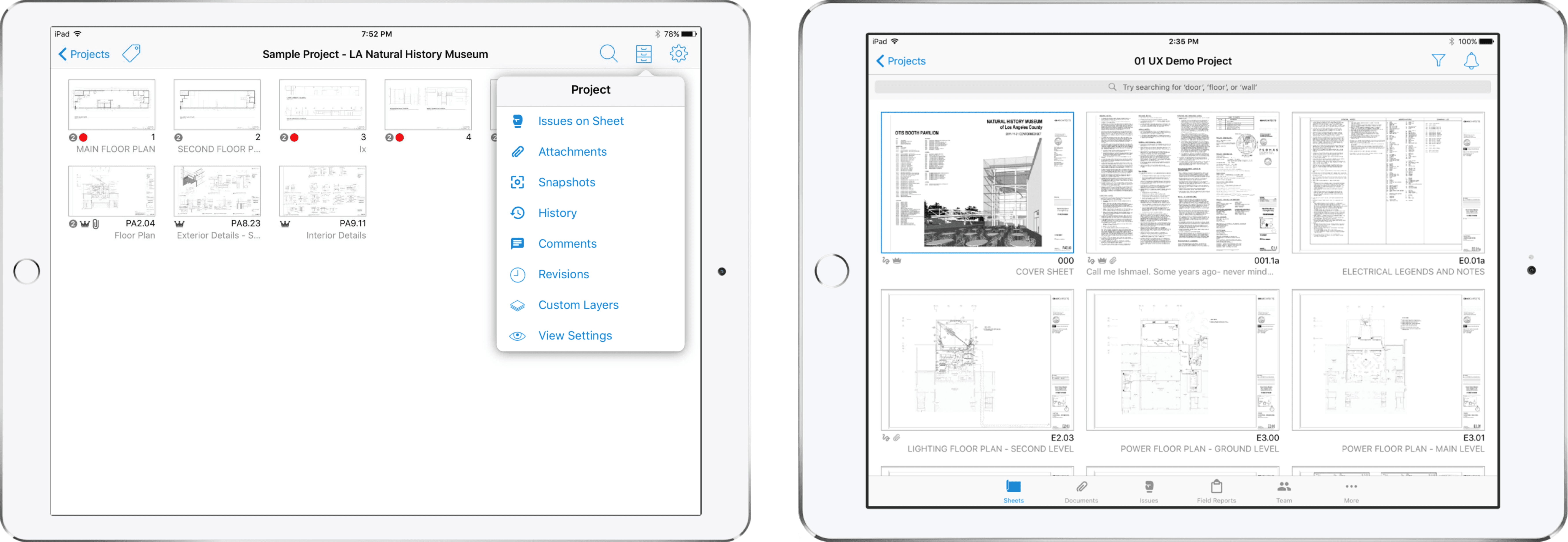 The PlanGrid projects dashboard, before (left) and after (right) the navigation changes.