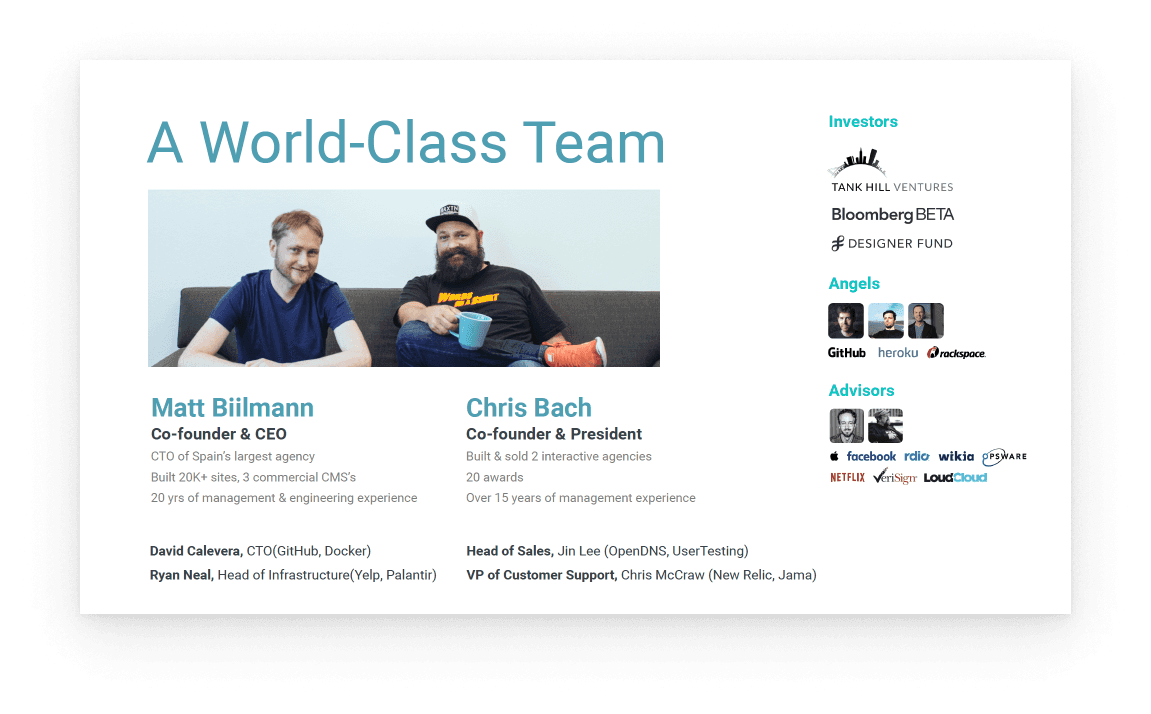WIDE In Netlify’s series A deck, they highlighted their advisor, angel, and investor connections to signal their credibility.