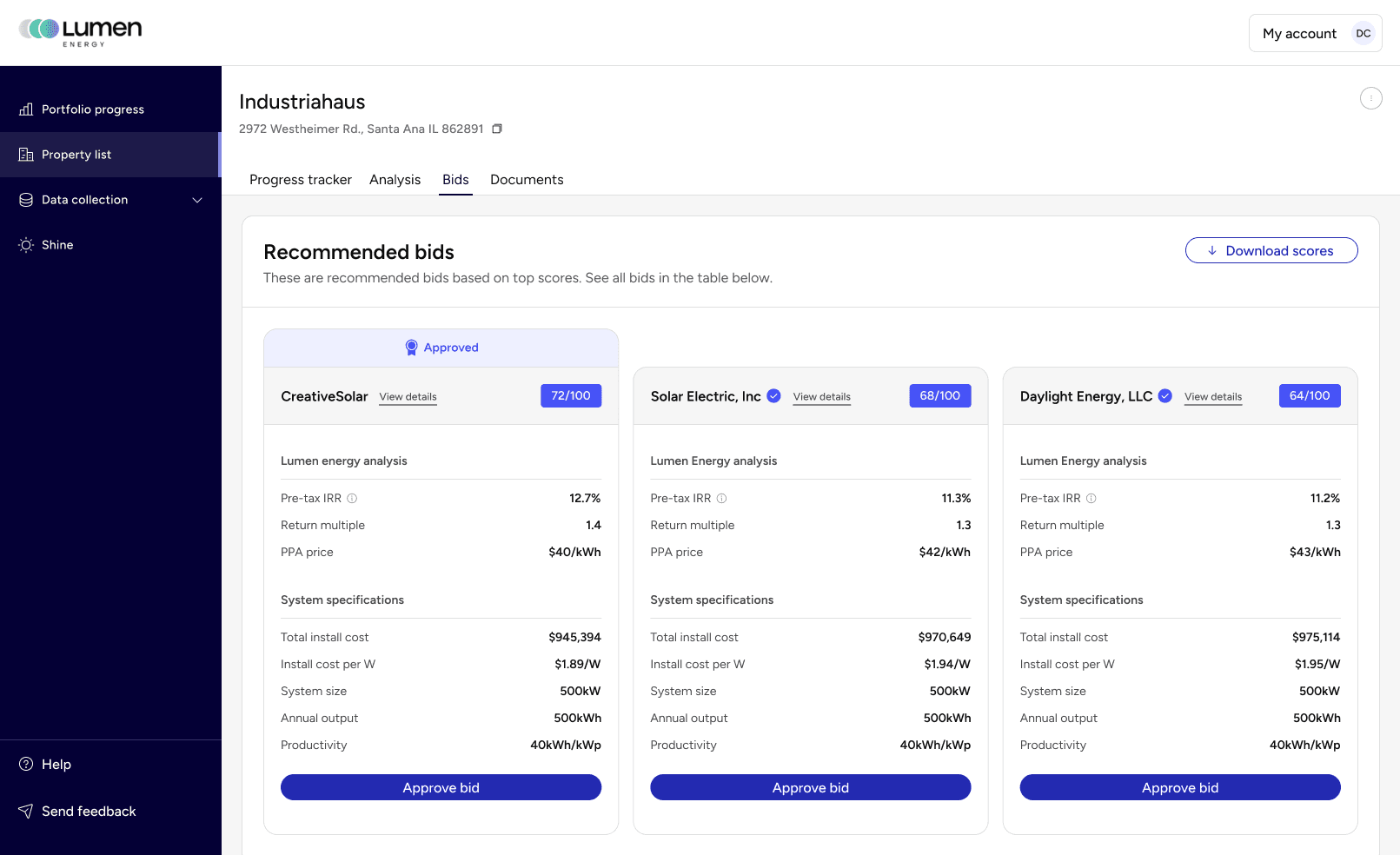 Lumen Energy’s recommended bids feature enables customers to compare multiple clean energy bids and select the best one for their needs.